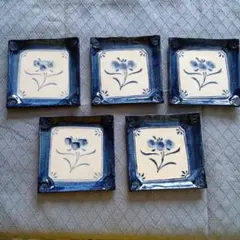 藍色絵付民芸調角皿12センチ