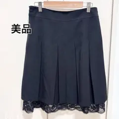 【美品】黒のレースプリーツ膝丈スカート
