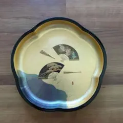 【銘あり・美品】高級 漆器 金地 扇面蒔絵 梅型 菓子鉢 飾り盆 直径約23cm