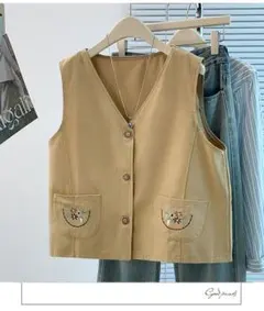 春秋コーデ VネックI レトロ 刺繍 シンプル おしゃれ度高め ベスト アウター
