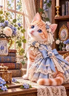 【2枚1000円】猫アート 青い瞳とブルーローズの猫姫 2L