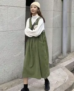 オリーブグリーン キャミソールドレス 膝丈