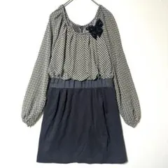 ジャイロ M ドット柄 ふんわり シフォン切替ワンピース 黒 リボン装飾 Y E