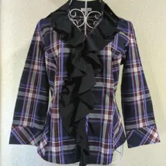 新品同様　NARACAMICIE　フリルブラウス　チェック柄　七分袖　Ⅱ