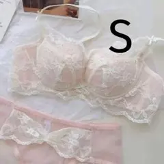 楽ブラ レース セクシー下着2977アイボリーピンクS ノンワイヤーブラショーツ