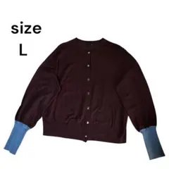 ダークブラウンと青のカーディガン Lサイズ 指出し穴付き