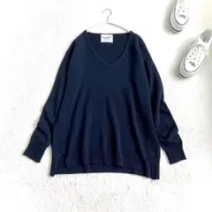美品【ドゥーズィエムクラス】ウール95% Vネックニット ゆったり 紺 前後差