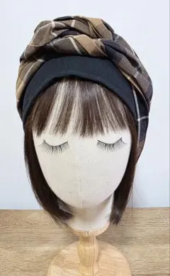 ターバン帽子☆ハンドメイド☆カフェ帽子☆ケア帽子☆ガーゼブラック×黒茶チェック