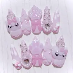 No.469　ネイルチップ 現品 量産型 地雷系 サブカル 平成女児 猫 ピンク