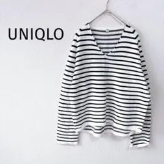 ＊ユニクロ＊Vネックニット M 白黒ボーダー 綿100％ カジュアル ゆったり