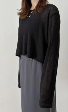 ISOOK アイスー　クロップドシアートップス　黒　シアーニット　ロングスリーブ