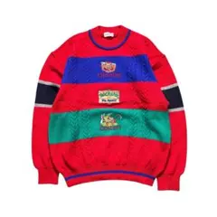 7AS7 アニマル柄　ニット　セーター　マルチカラー　刺繍　レトロ　古着