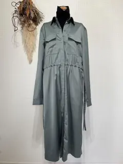 H&M 長袖 シャツワンピース ロングワンピース サテン 光沢 秋 カーキ