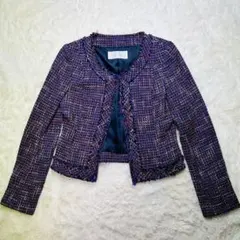 ノーカラー紫系ツイードジャケット インタープラネット