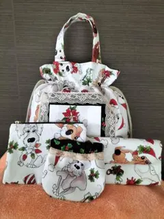 巾着バッグ 長財布 フラットポーチ バネ口ポーチセット dog Xmas