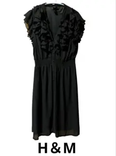【H＆M】黒いVネックフリルノースリーブ膝丈ワンピース