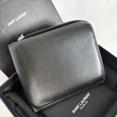 サンローラン クロコ型押し 二つ折り財布 L字ファスナー ロゴ ブラック