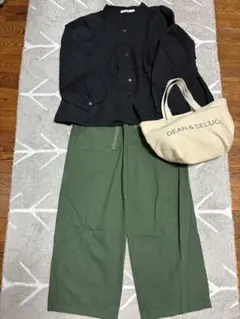 リネン ブラウス M + グリーンストレートパンツ2点セット