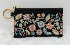 フラットポーチМサイズ　インド刺繍リボン×合皮　12cmファスナー