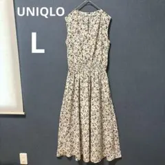 美品 UNIQLO L ナチュラル プリント ロングワンピース ノースリーブ