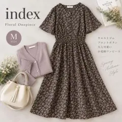 index 花柄フレアワンピース M ウエストゴム 半袖 小花柄 フロントボタン