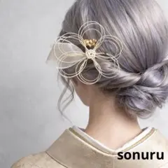 52✳︎髪飾り 卒業式振袖和装白無垢 水引　パールホワイトリボン　ゴールド　梅結び