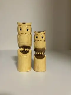 木彫りフクロウの親子の置物 5羽 手彫り 天然木 縁起物 ハンドメイド
