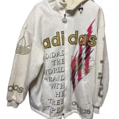 【adidas】80s アディダス デサント製 フルジップ ボアジャケットXL adidas 80s デサント社製 裏ボア ジップアップパーカージャケット