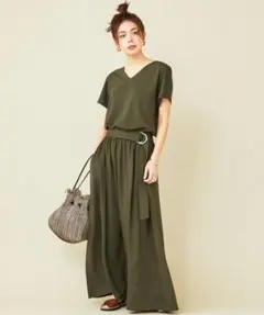 O1059ユナイテッドアローズロングワンピース半袖無地カーキＶネックマキシ春夏秋
