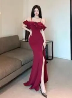 バーガンディ オフショルダー ドレス