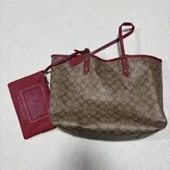 COACH トートバッグ ブラウン/レッド ポーチ付き