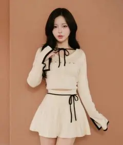 ウエストオープンリボンデザインニットミニワンピース アイボリー