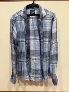 BEAMS カスタムスリムチェックシャツ　Lサイズ　青系　麻