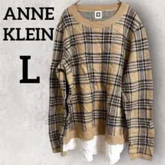 ANNE KLEIN 【L】チェック柄ニット シャツ切替 レイヤード風 重ね着風