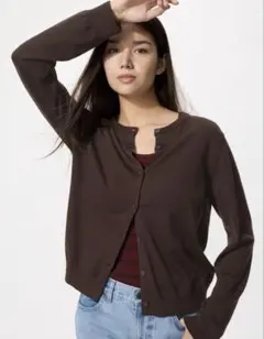 UNIQLO UVカットクルーネックカーディガン/ウォッシャブル　ブラウン
