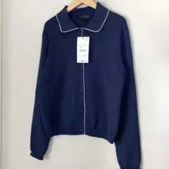 新品　ザラ　ネイビー 襟付き 長袖カーディガン