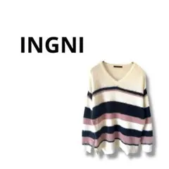 【イング】長袖　ニット　Ｖネック　ボーダー　ふわふわ　M