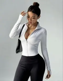 ホワイト スリムフィットスタンドカラージャケット