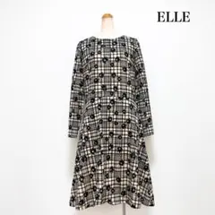 ELLE チェック花柄ワンピース ベージュ 黒 上品 美シルエット エレガント