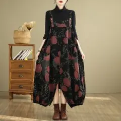 プリント 花柄 デニム サロペット オーバーオール レトロ 大きいサイズ