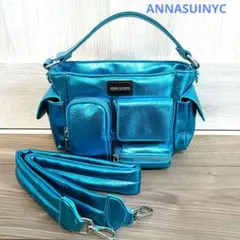 【未使用】ANNASUI NYC メタリックブルー ハンドバッグショルダー付き