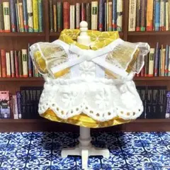 ​【アンティーク風2点セット】10cmぬい服 マスタードワンピ&白フリルエプロン