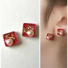 No.35ハンドメイドピアス　イヤリング　レジン　ピンク　ゴールド　パール