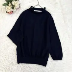 スナオクワハラ（M）ウール100%長袖ニットセーター ハイネック ネイビー無地