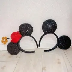 ミッキー ミニー 耳 カチューシャ スパンコール 黒 レトロ　帽子　ディズニー