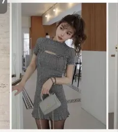 リボンシャーリングギンガムミニワンピース