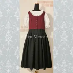 バーガンディ&ブラック 花柄織り生地のバイカラーチロルワンピース