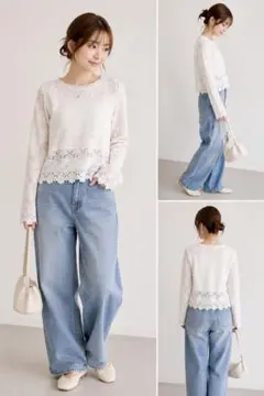 【新品】しまむら　長袖　レース　シャツ　ブラウス　花柄　ホワイト　白　Lサイズのサムネイル