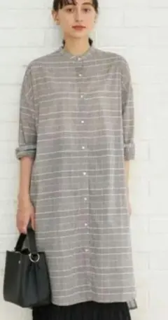 グレー系チェック 長袖シャツワンピース