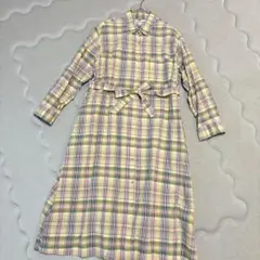 【美品】ユニクロ イネス リネンコットンベルテッドワンピース チェック L